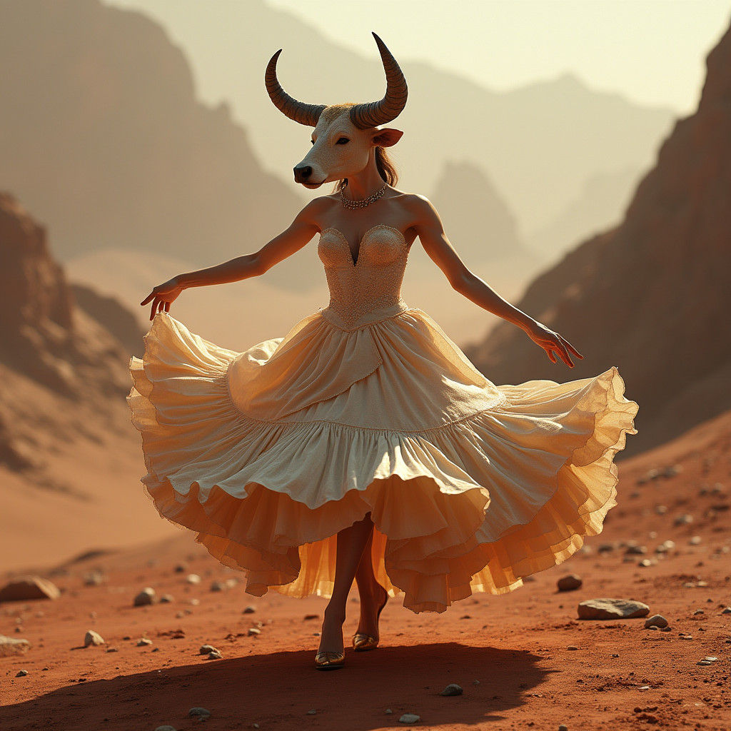 Cow-Headed Woman Polka Dancing on Mars in Hyperrealism