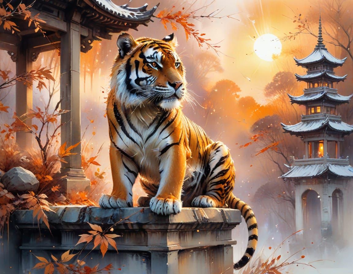 Autumn Tiger on Winter Pagoda in Watercolor Style