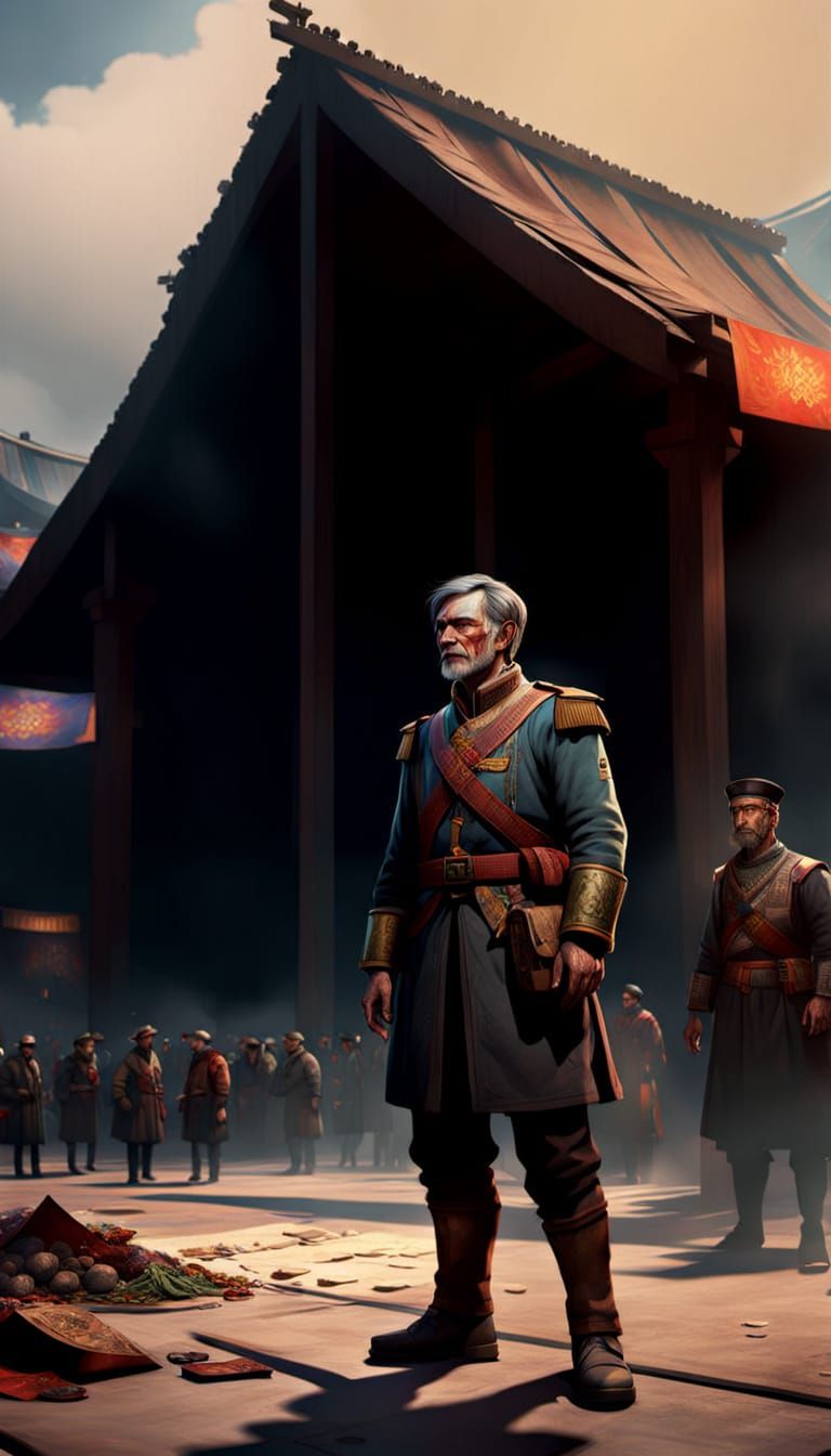 Weathered Soldier in Vibrant Marketplace - Hyper-Realistic D...