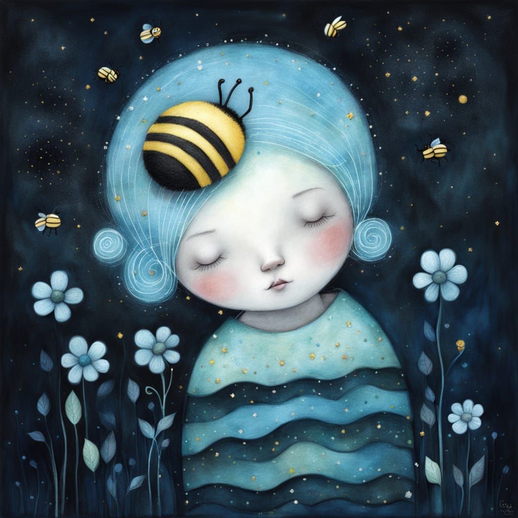 Sleepy Bumblebee in Whimsical Folk Art Style