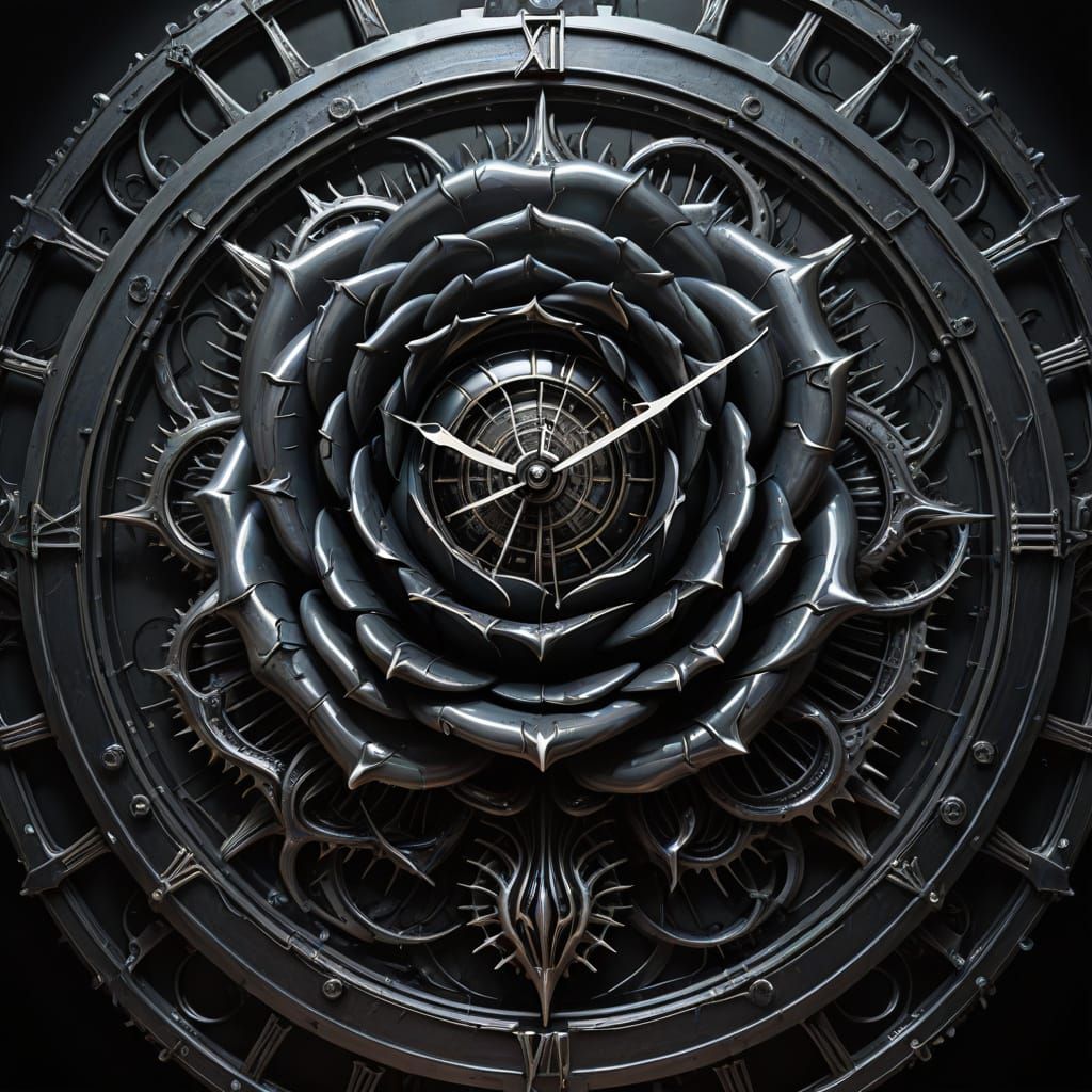 Eerie Black Rose-Clock in Futuristic Biomechanical Style