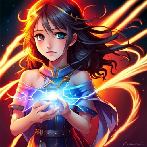 Anime Girl Wizard Casting Lightning Magic