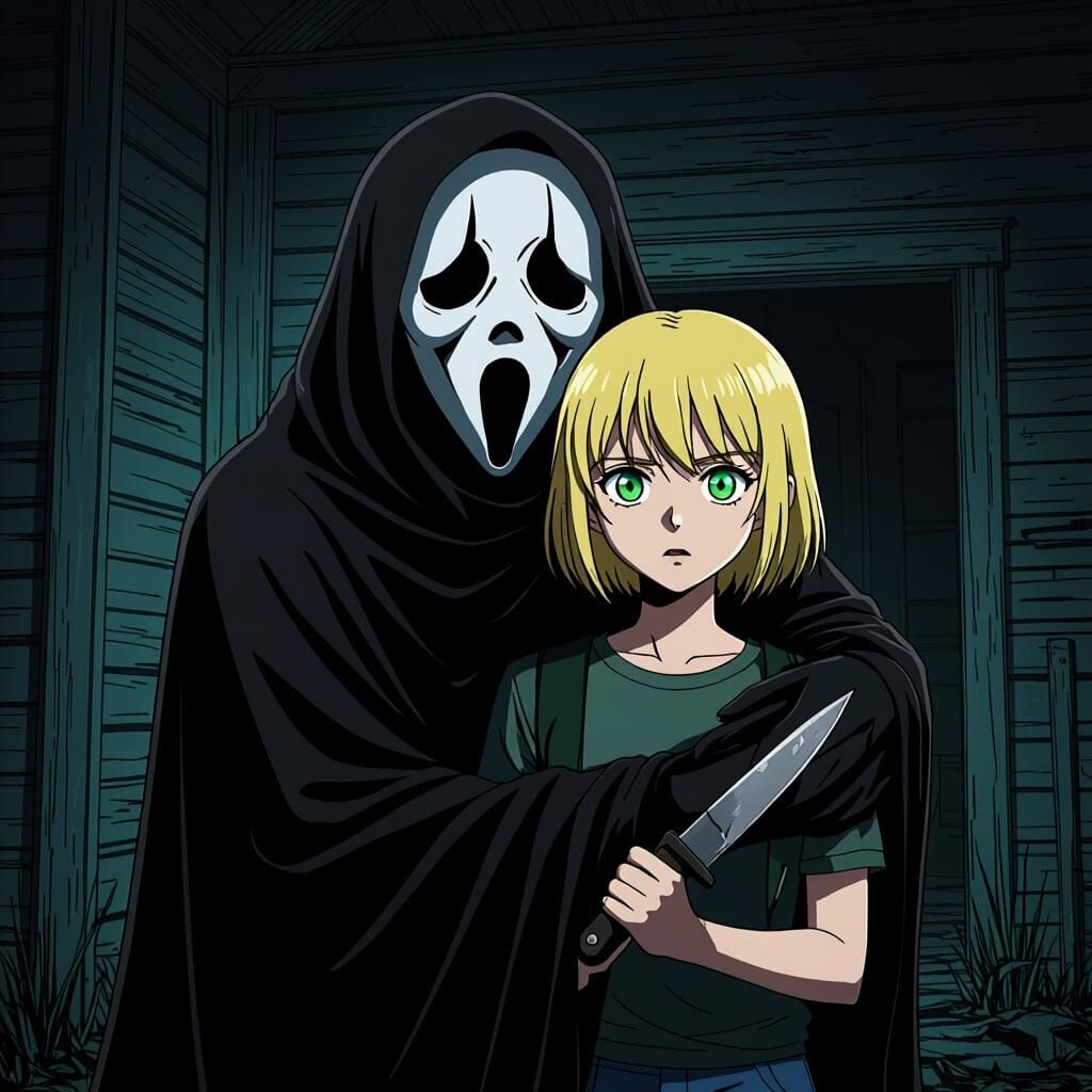 Ghostface Embraces Teenager in Haunted House Anime Art