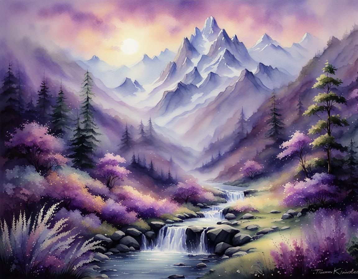 Watercolor Purple Mountains and Waterfall Landscape