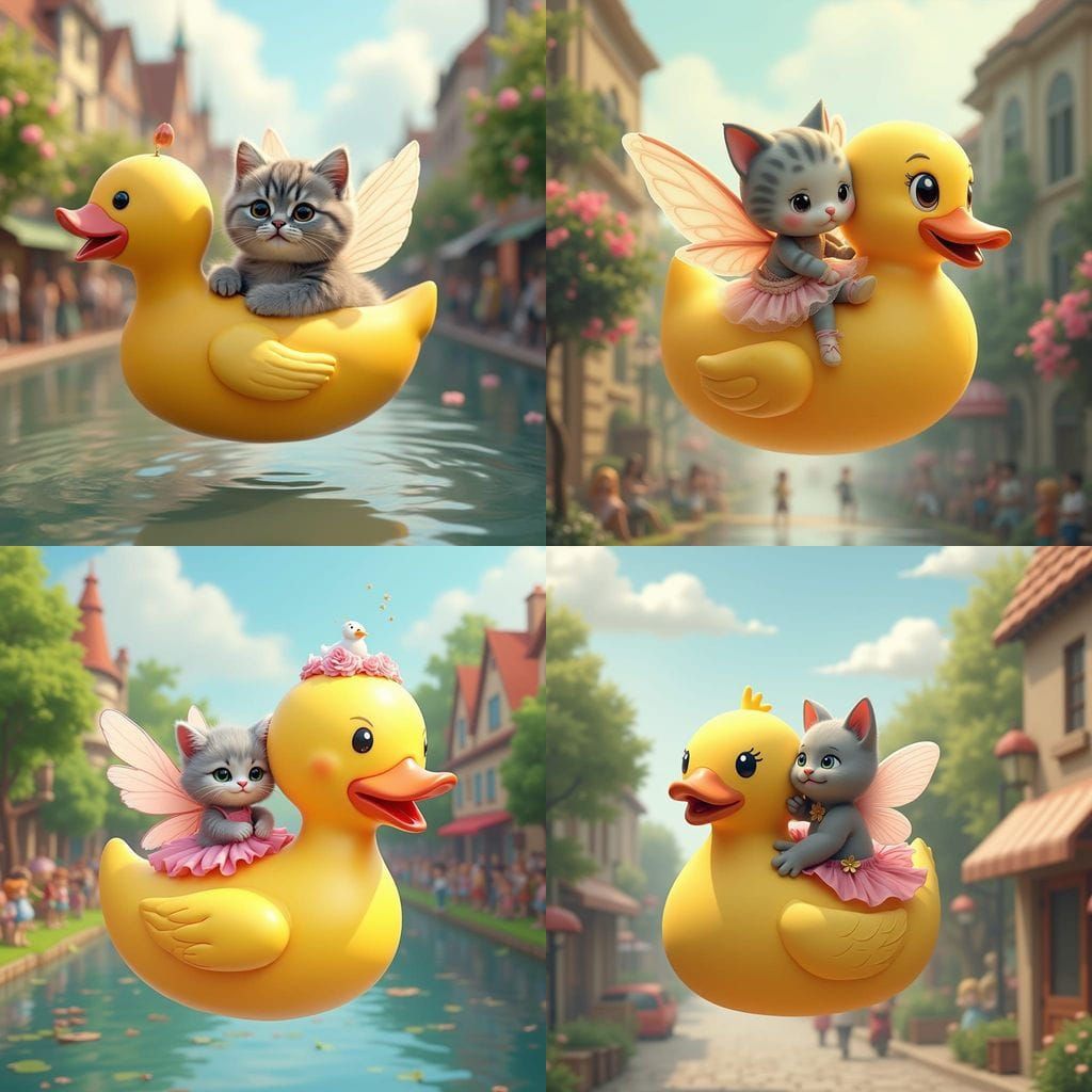 Chibi Cat Fairy Soars on Rubber Duck Ballerina in Whimsical ...