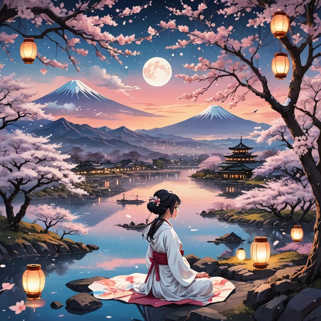 Dreamy Anime Girl Meditating in Cherry Blossom Field