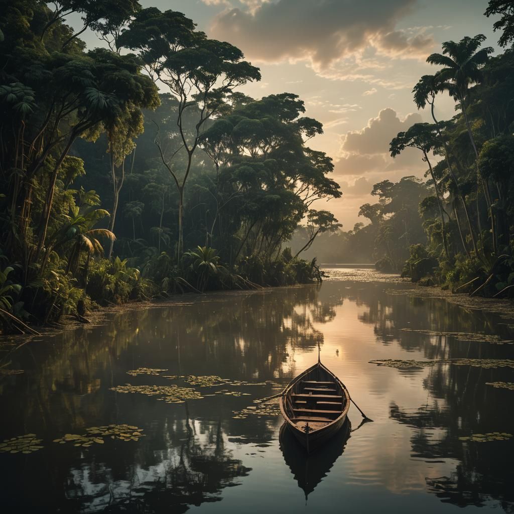 Amazon River Boat at Dusk: Digital Matte Painting