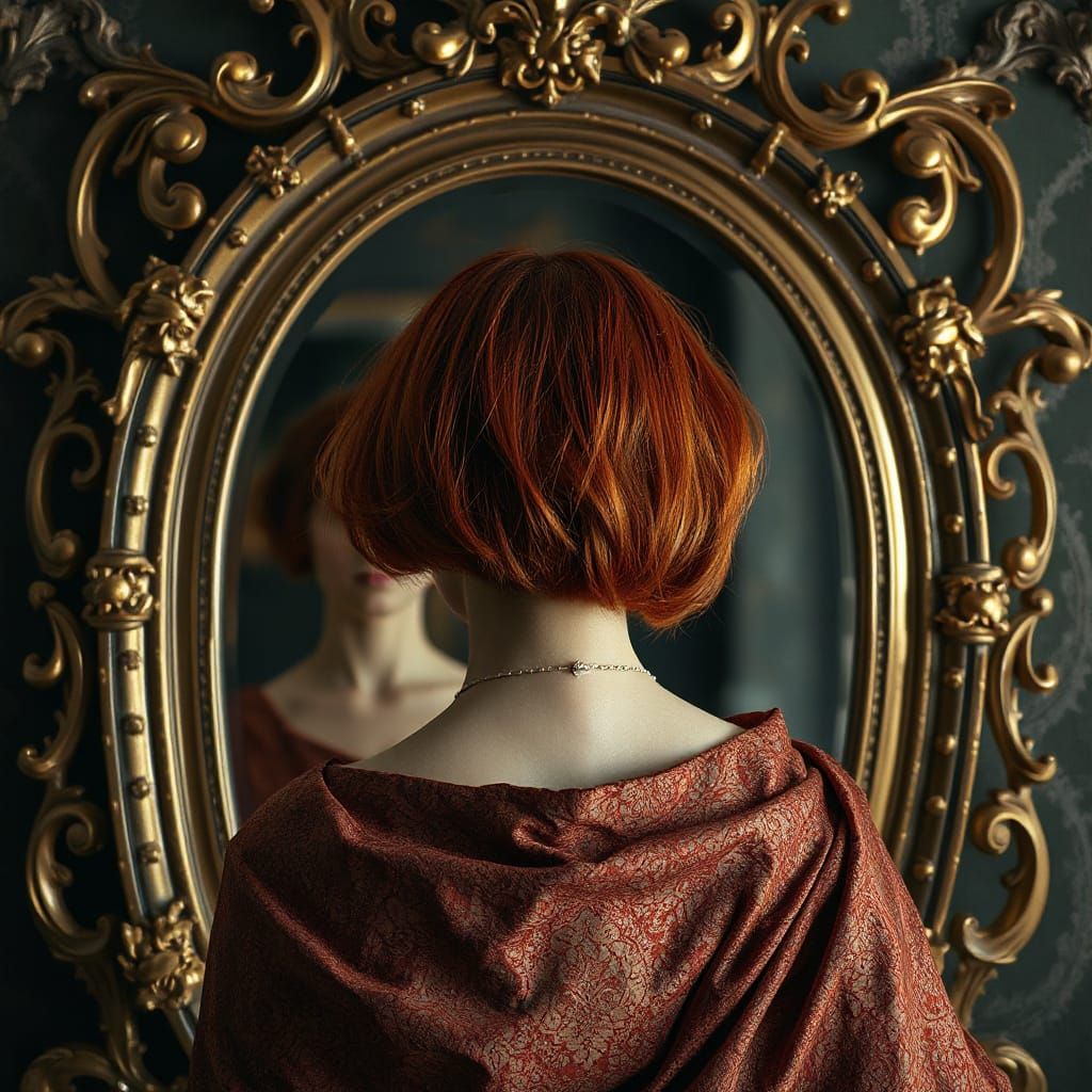 Woman with Bob Haircut Gazing in Baroque Mirror