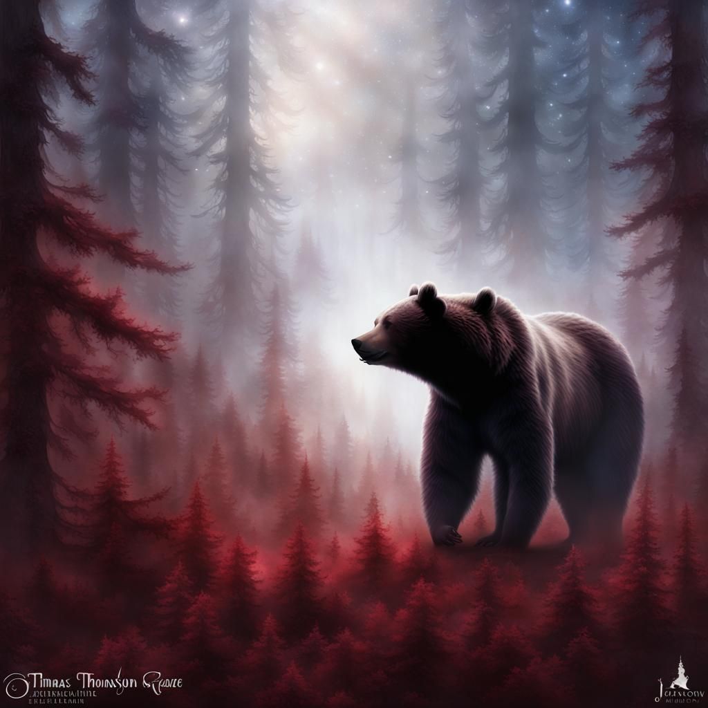 Bear Silhouette in Foggy Galaxy Forest