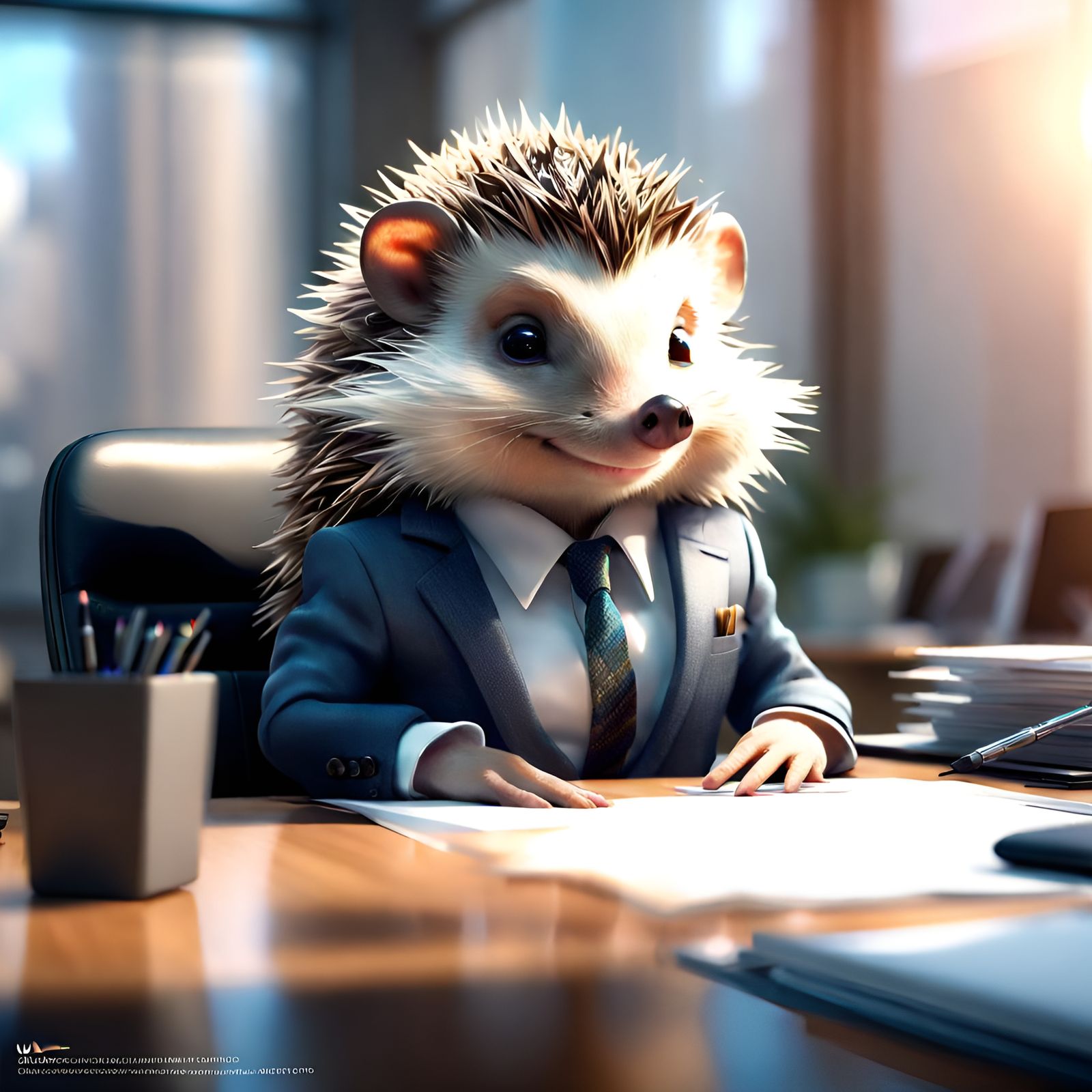 Hedgehog in Business Suit: Hyper-Realistic Office Portrait