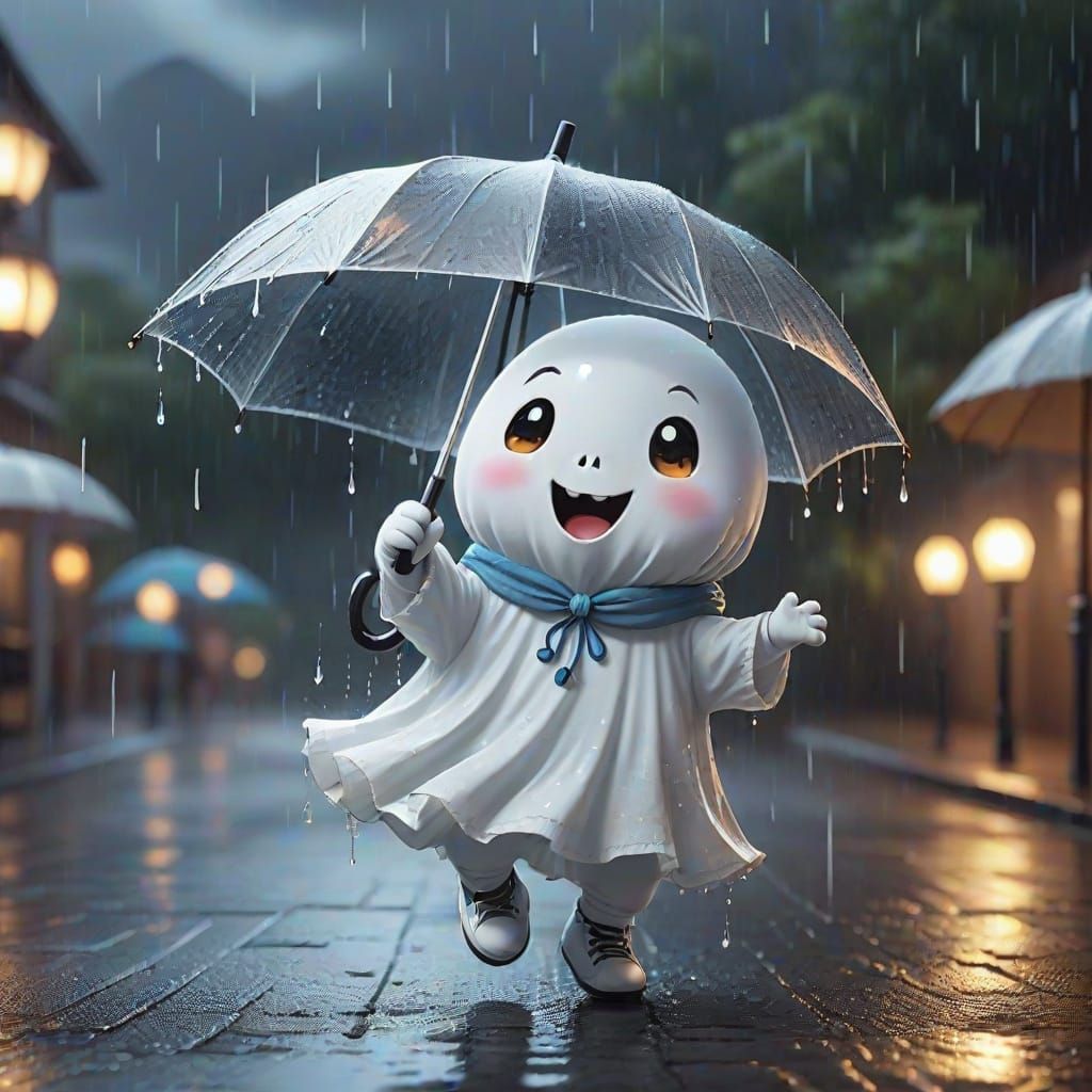 Whimsical Ghost Dances in Rain with Umbrella