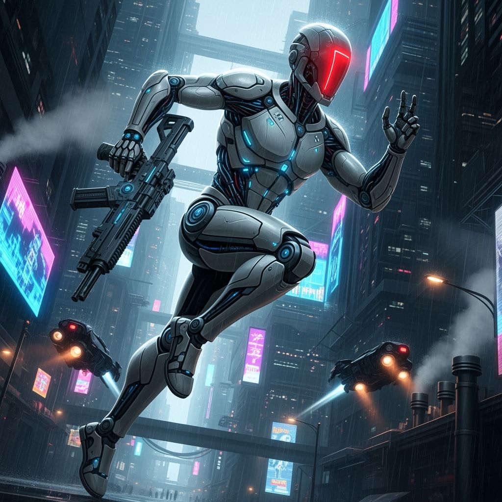 Robot Runner in Cyberpunk Cityscape