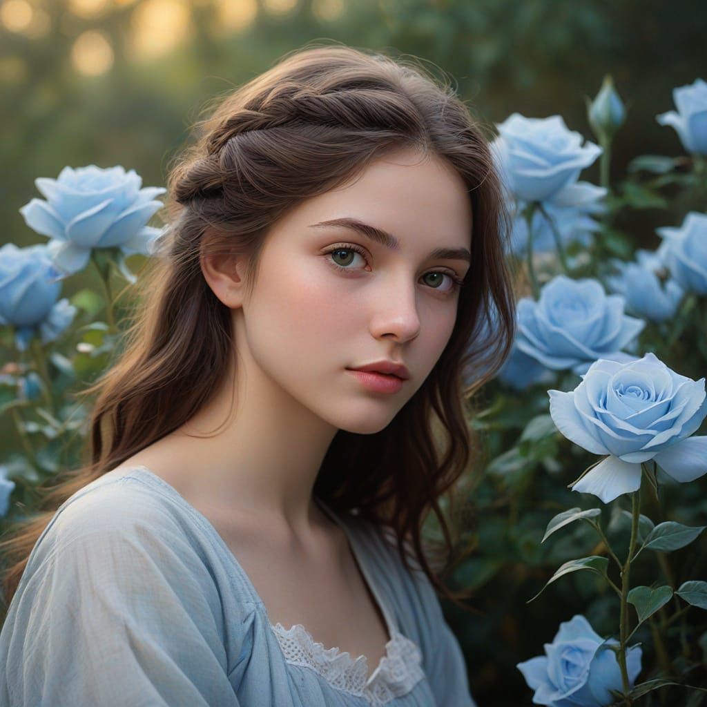 Ethereal Maiden Amidst Soft Blue Roses at Twilight