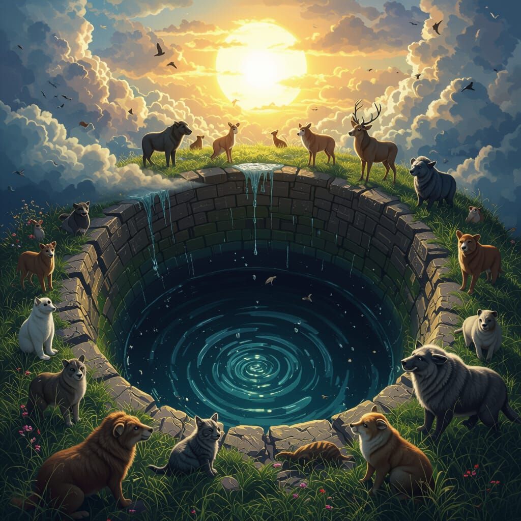 Hyperrealistic Well with Animals and Colorful Sky
