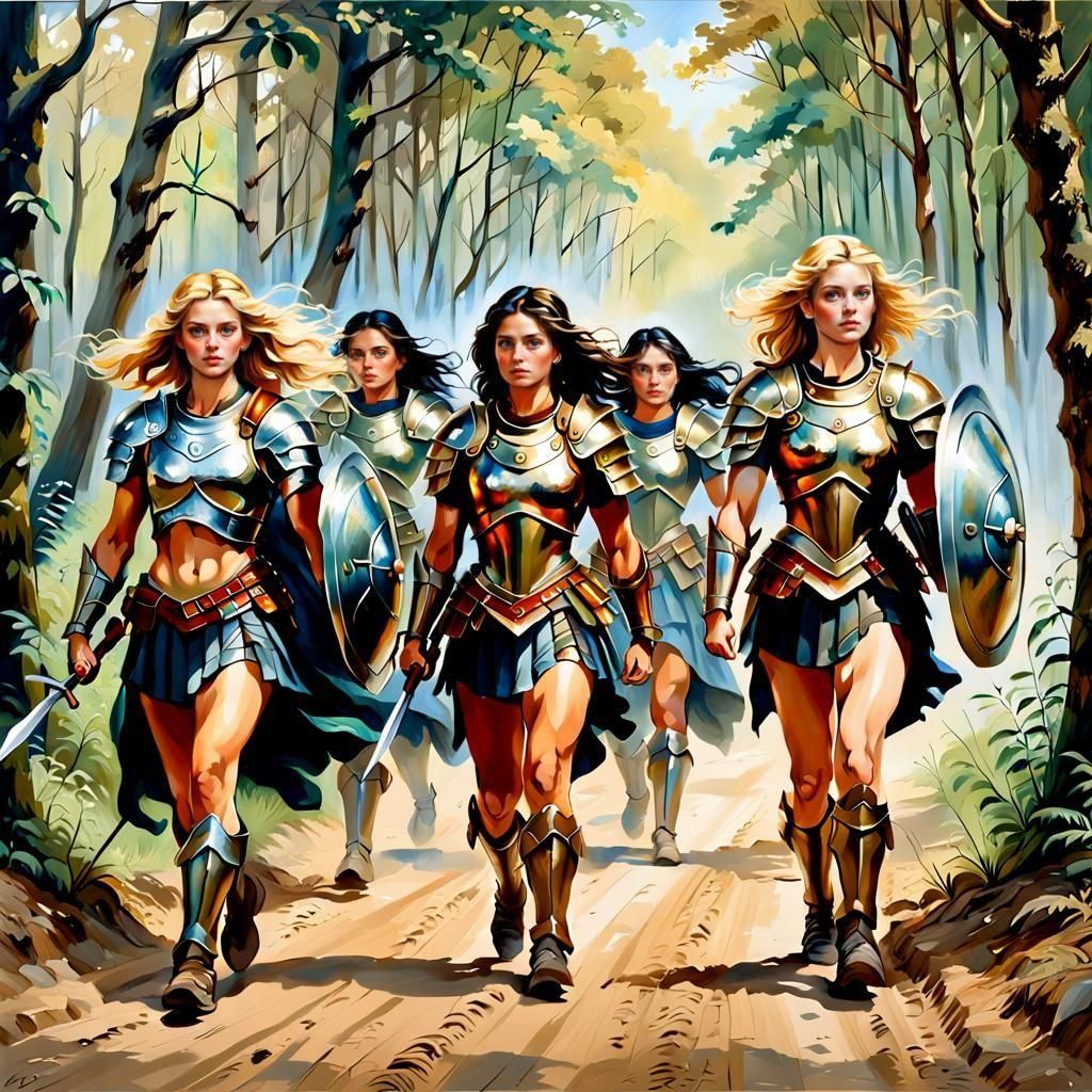 Amazon Warriors Marching in Baroque Style