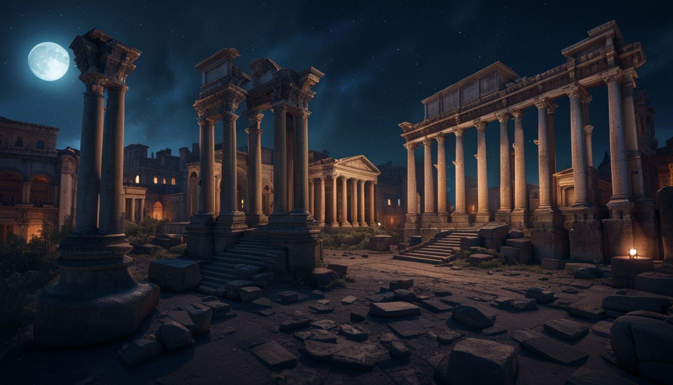 Ancient Roman Forum at Night: Detailed Matte Painting