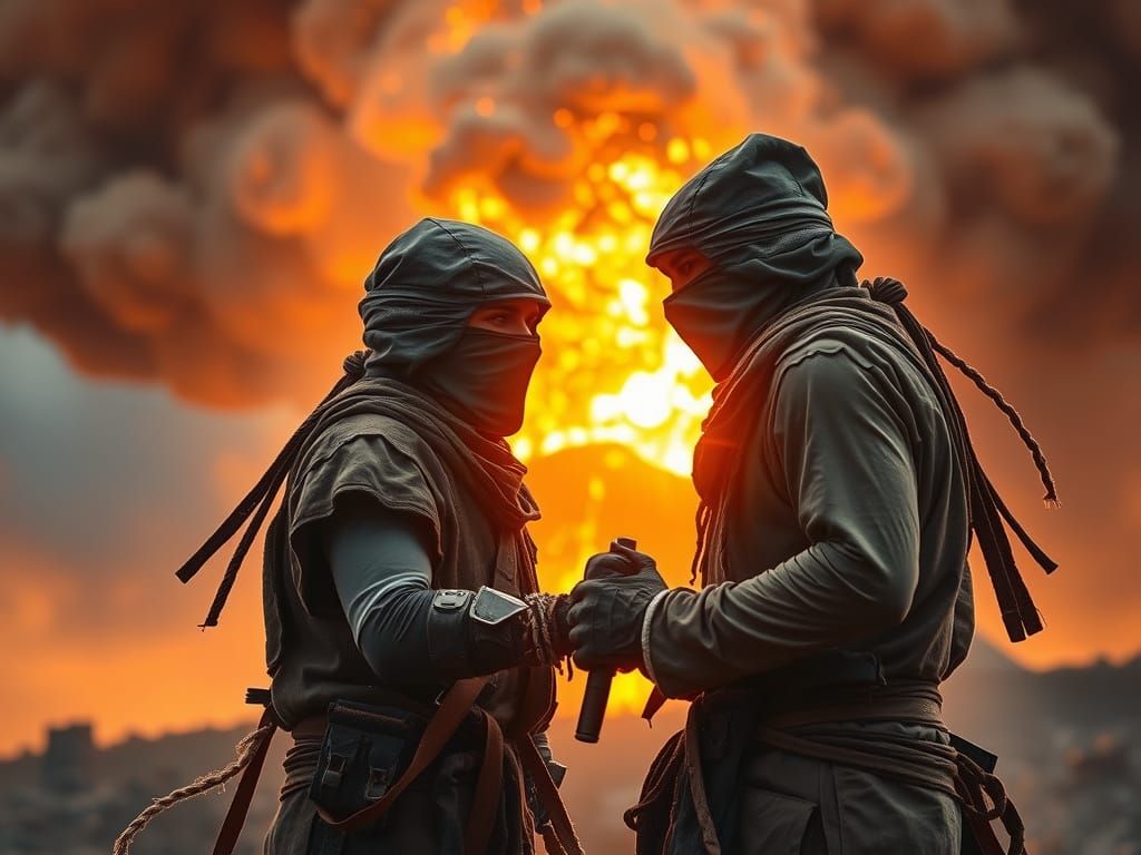 Ninjas in Volcanic Eruption, Neo-Impressionist Style