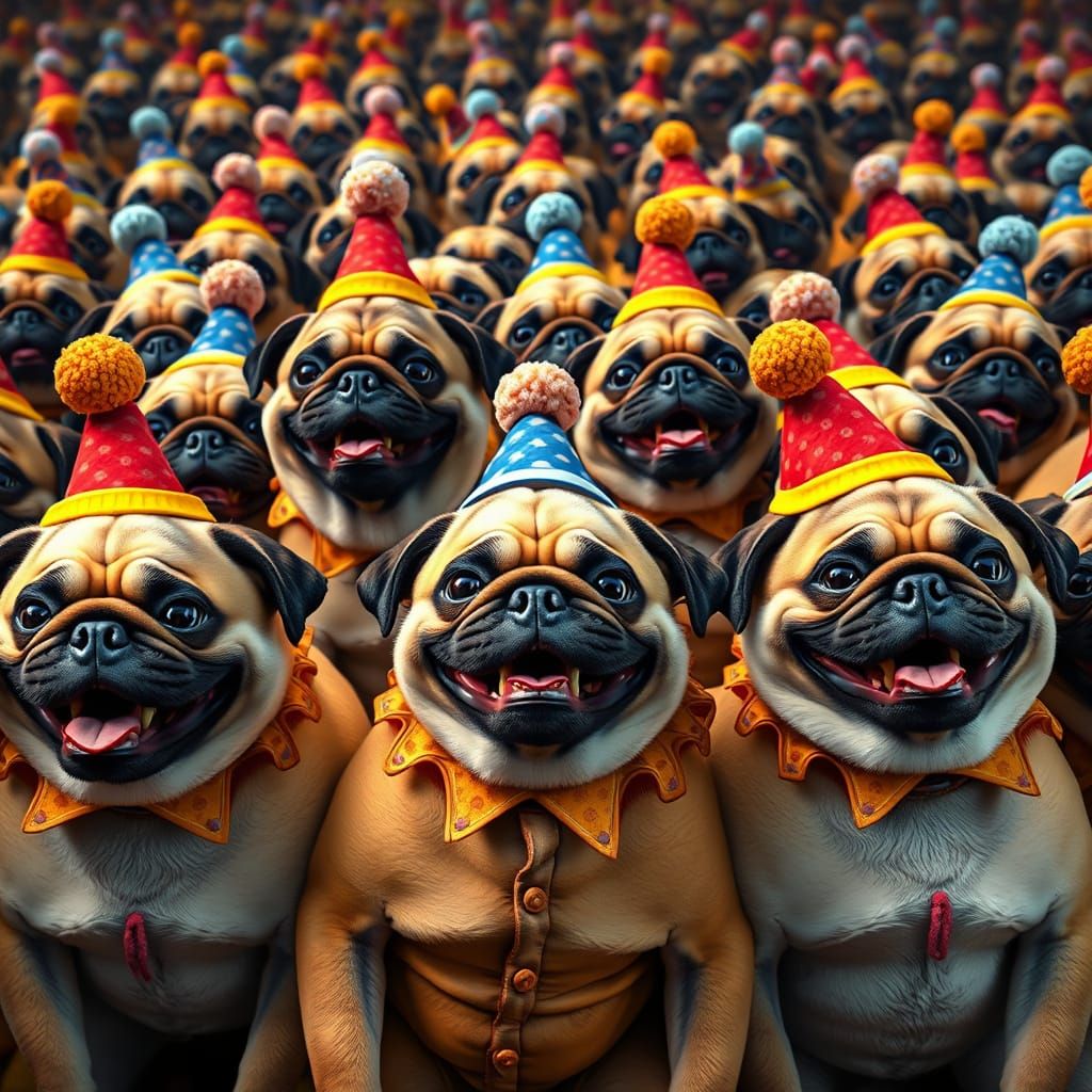 Joyful Pug Clown Spectacle in Vibrant Fantasy Art