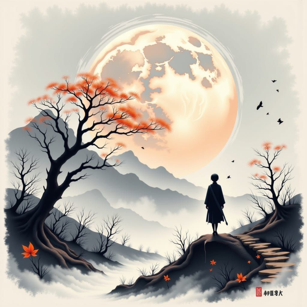 Autumn Moonlit Walk in Sumi-e Style