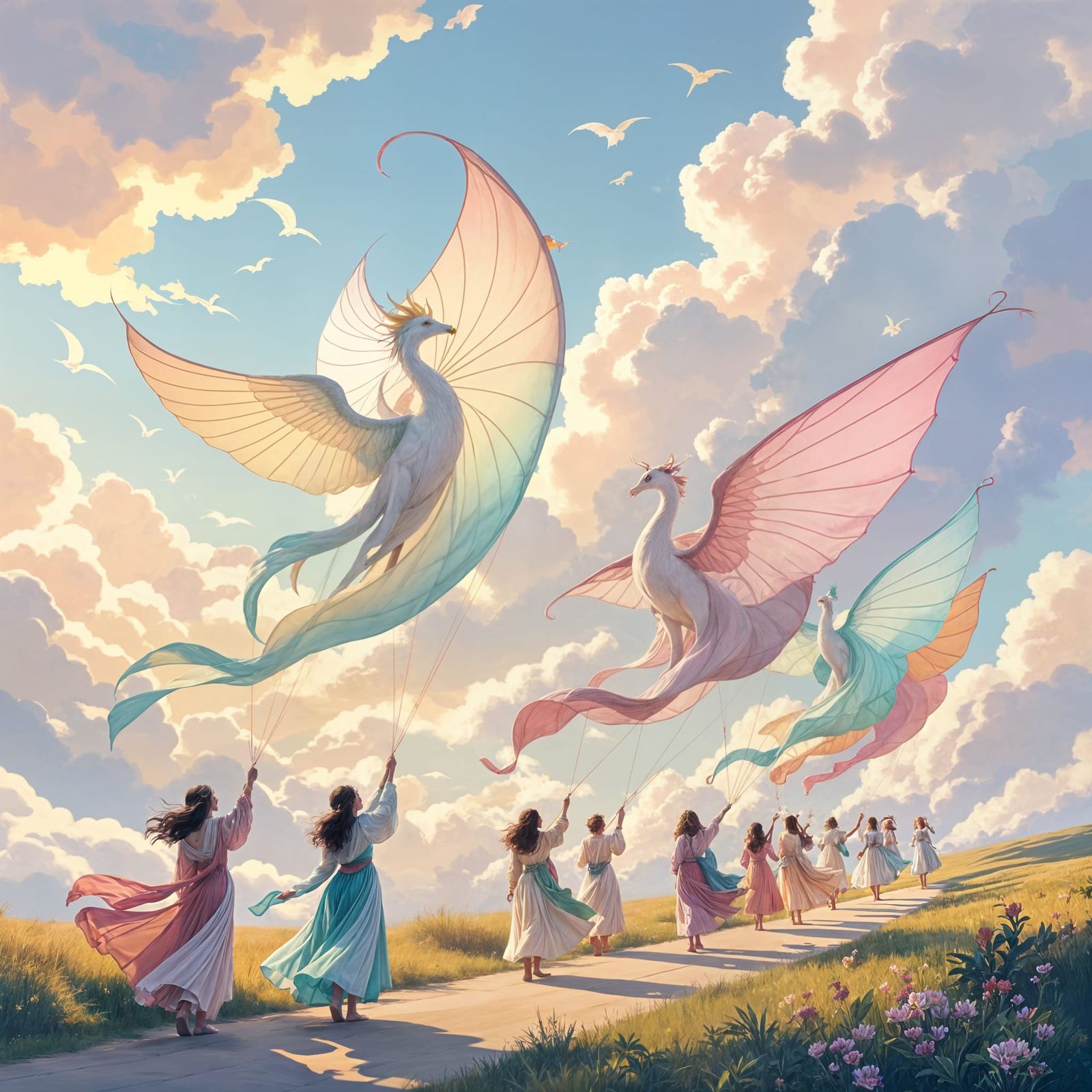 Whimsical Parade with Mythical Kites in Cloud Sky