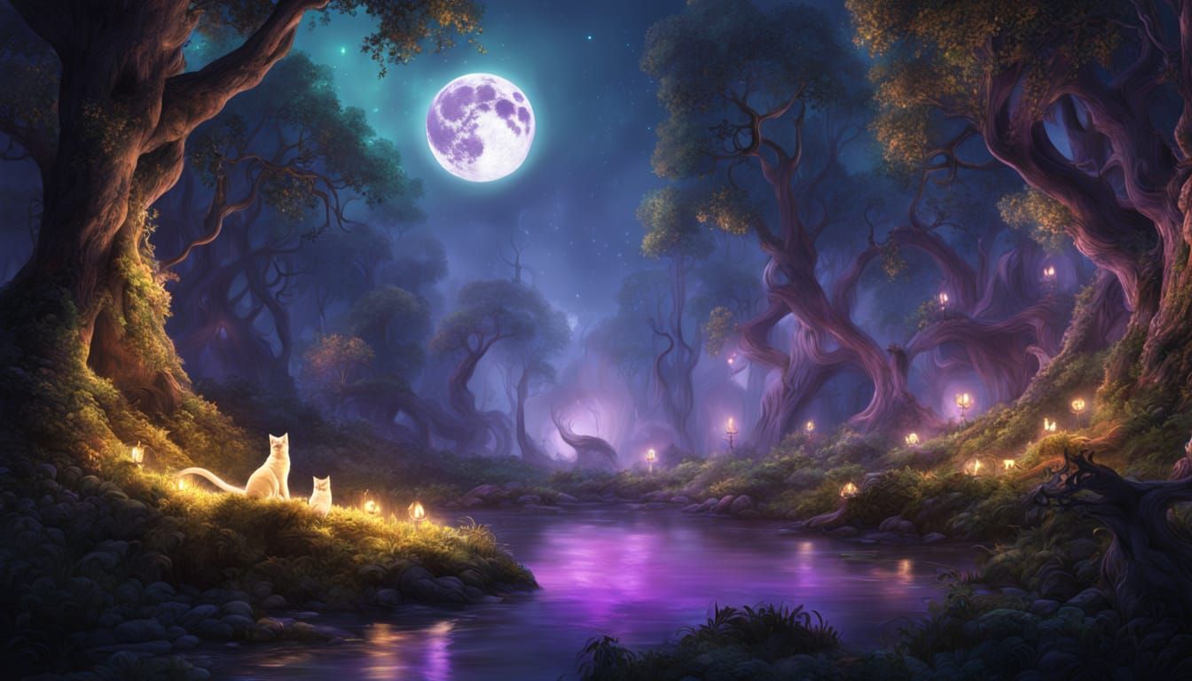 Mystical Cats in Enchanting Moonlit Forest