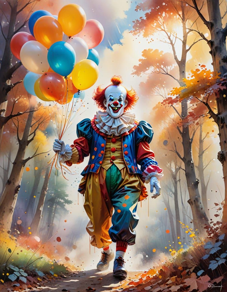 Clown Ascends in Autumn Forest: Watercolor Art