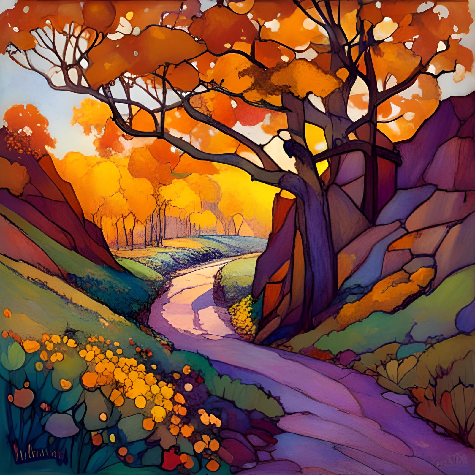 Sunlit Forest in Stained Glass Style