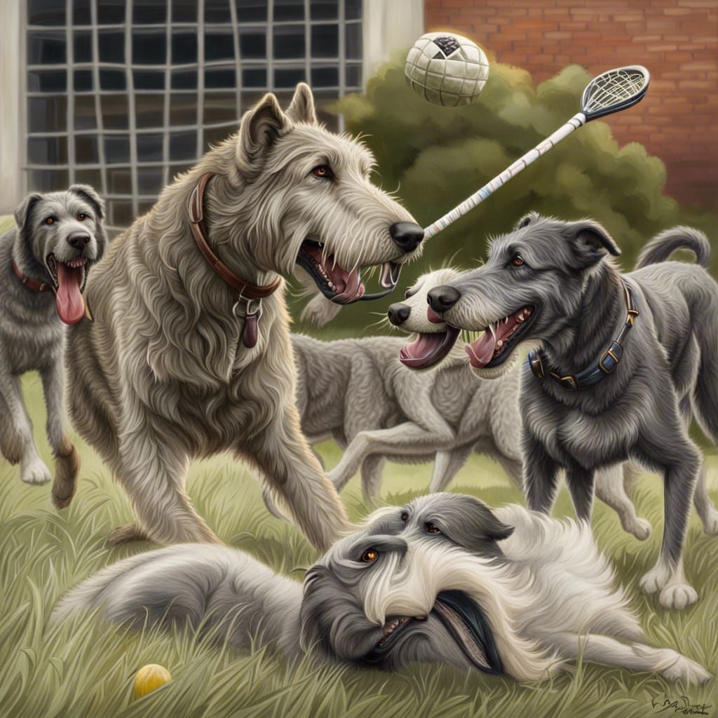 Irish Wolfhound Plays Lacrosse in Hyperrealism