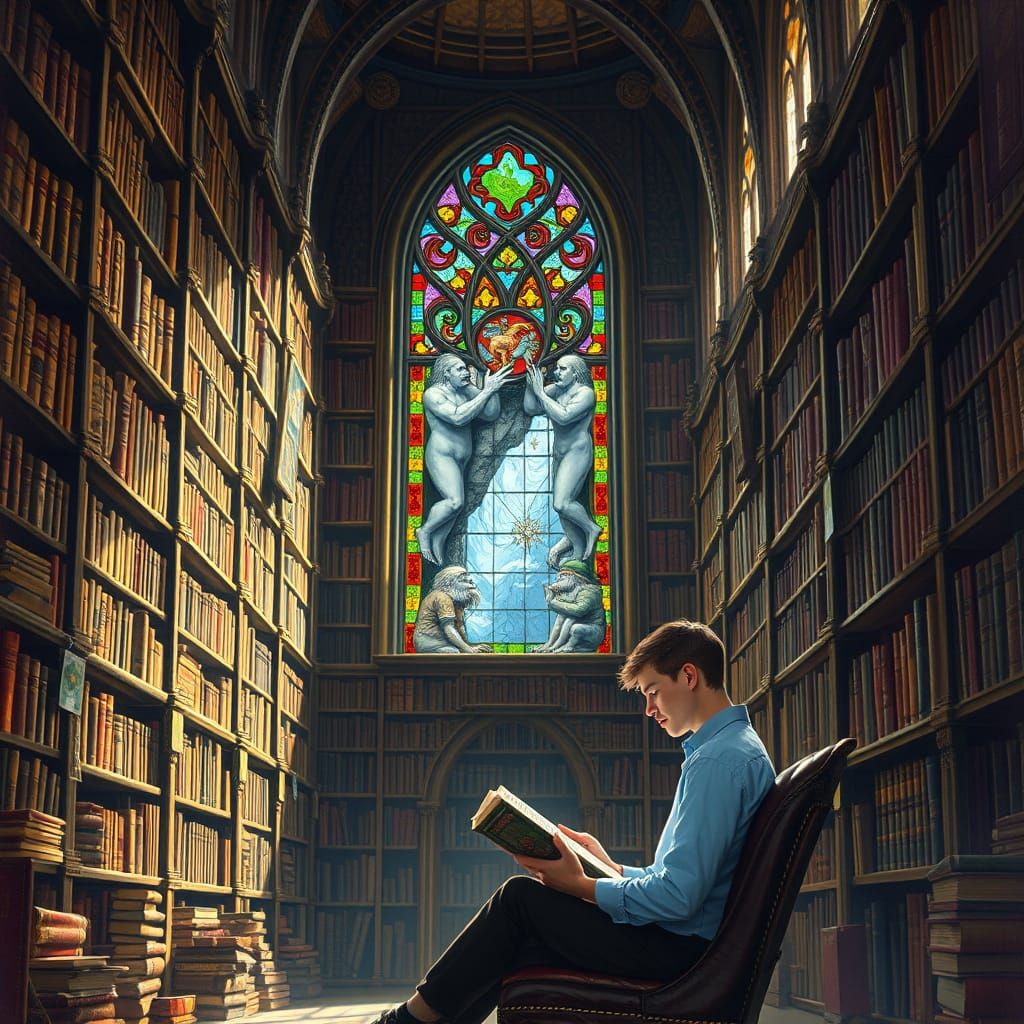 Grand Library with Stained Glass, Classic Painting Style
