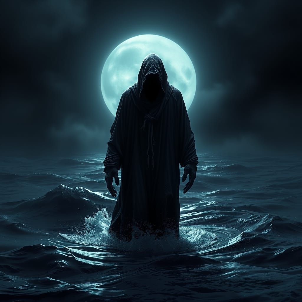 Dark Figure Emerges from Moonlit Water in Foreboding Shadow