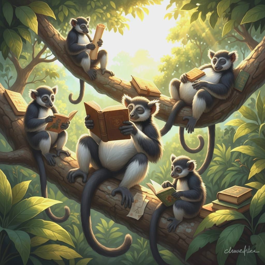 WHAT!!?? A small family group of indri reading in the tree t...