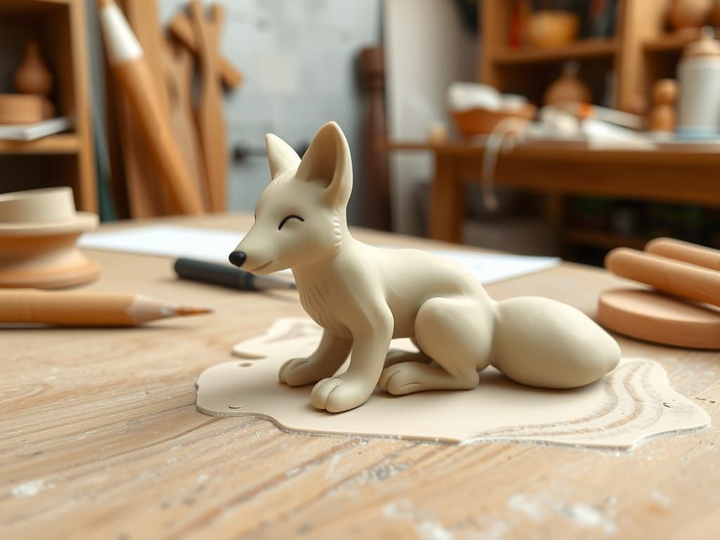 Unpainted Clay Fox Figurine on Workshop Table