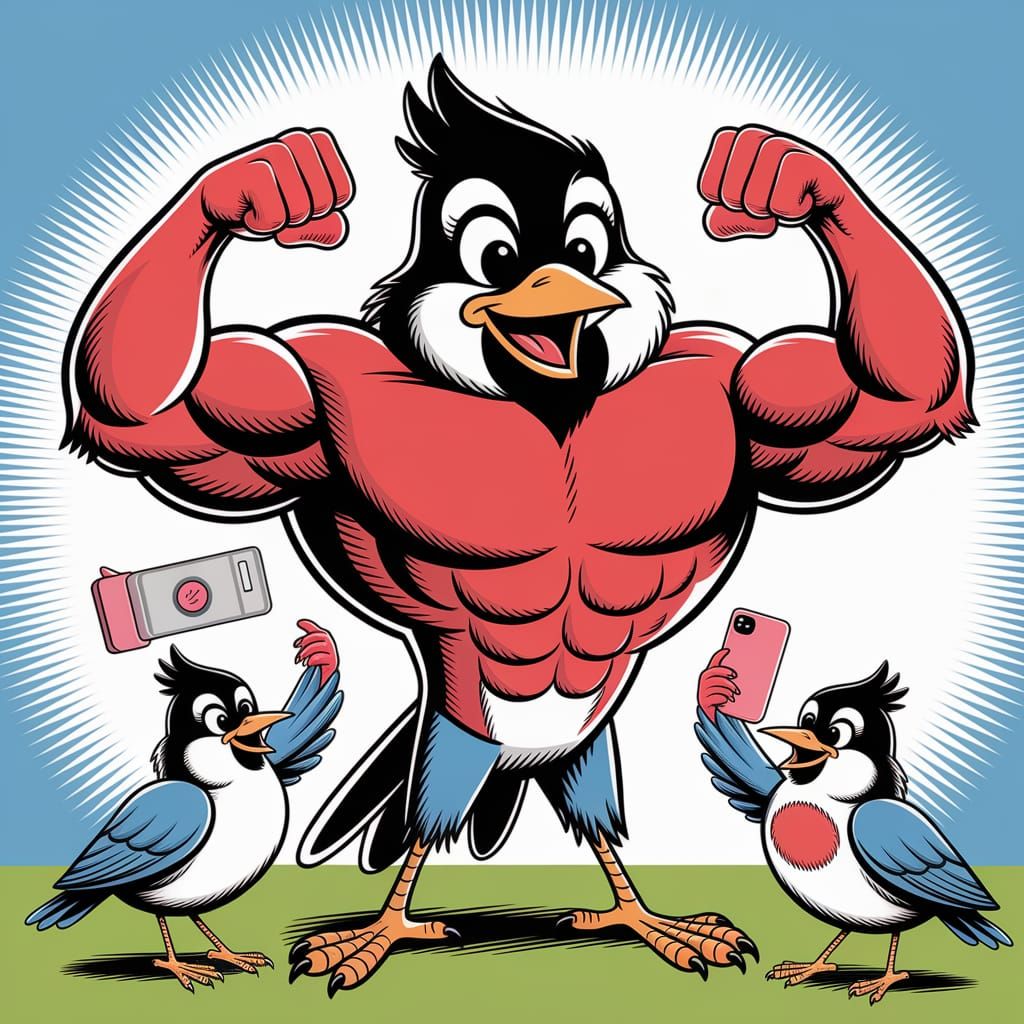 A proud, muscular robin with puffed chest feathers posing in front of a tiny bird gym mirror, flexing like a bodybuilder...