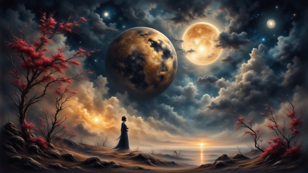 Syzygy: Earth, Moon, and Sun Aligned in Digital Matte Painti...