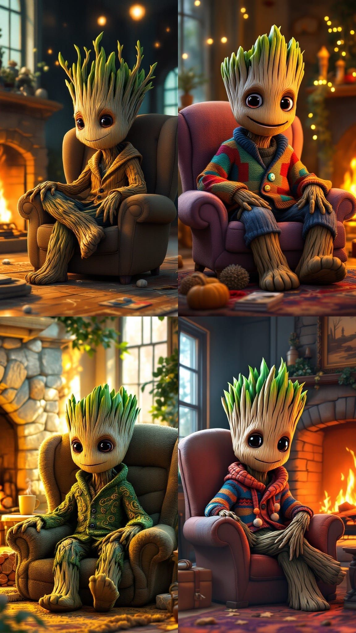Groot by Cozy Fireplace in Whimsical Cartoon Style