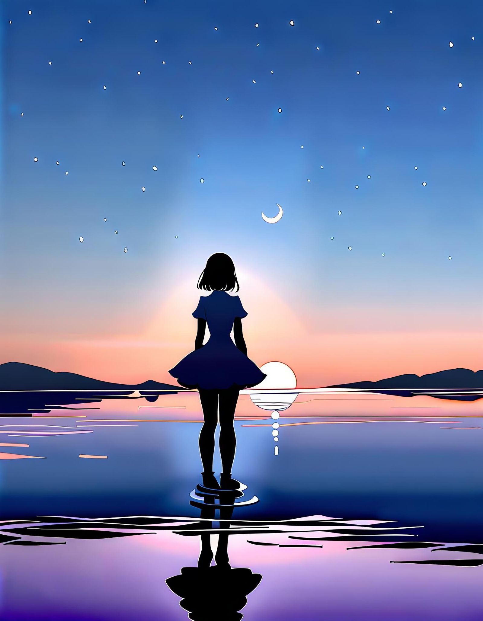 Mystical Sunset Reflection with Idol Silhouette