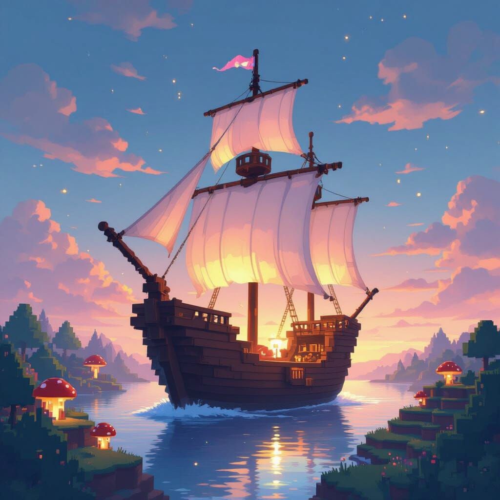 Minecraft Ship Soaring Through Twilight Sky