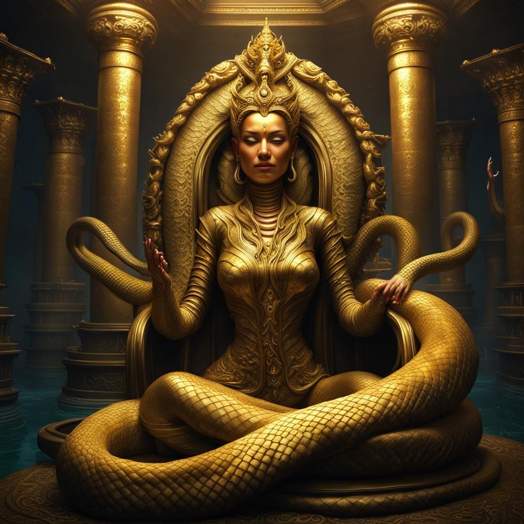 Underwater Buddha Snake Hybrid in Dark Fantasy Style