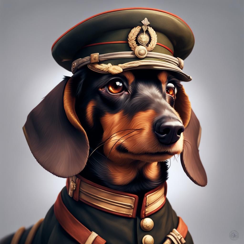 Dachshund in Military Uniform, Detailed Portrait