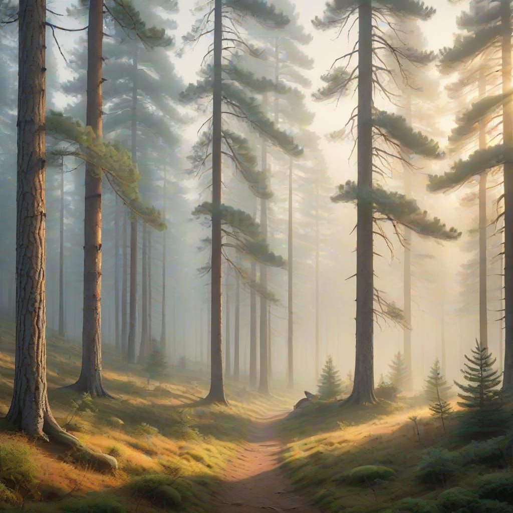 Misty Pine Forest in Golden Hour Light