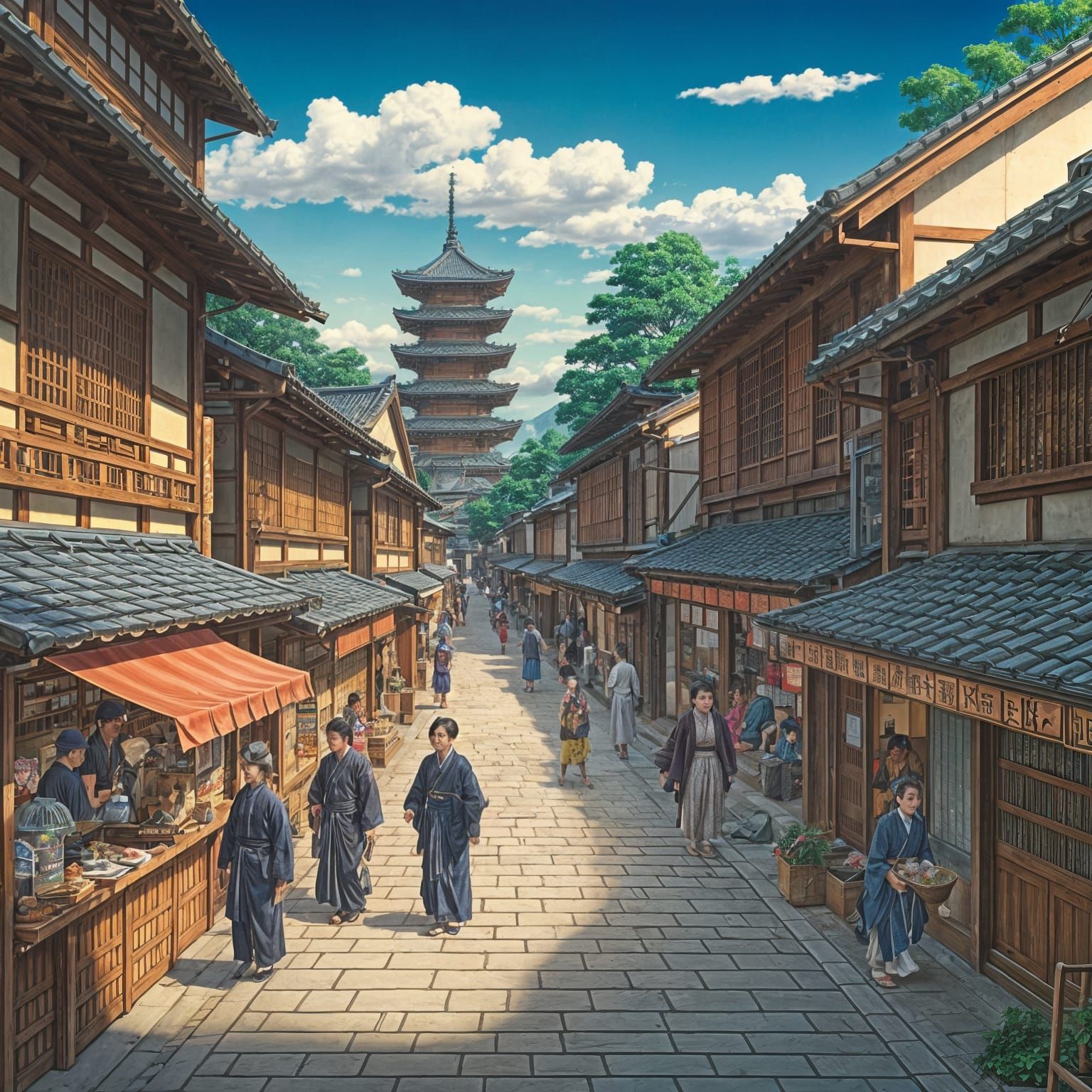 Bustling Street Scene from Old Japan
