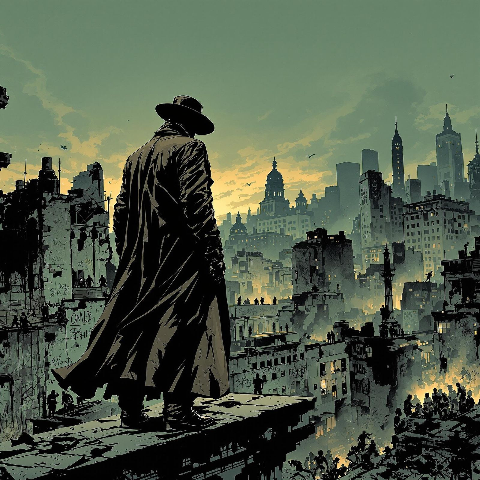 Dystopian Judge in Crumbling Cityscape, Frank Miller Style