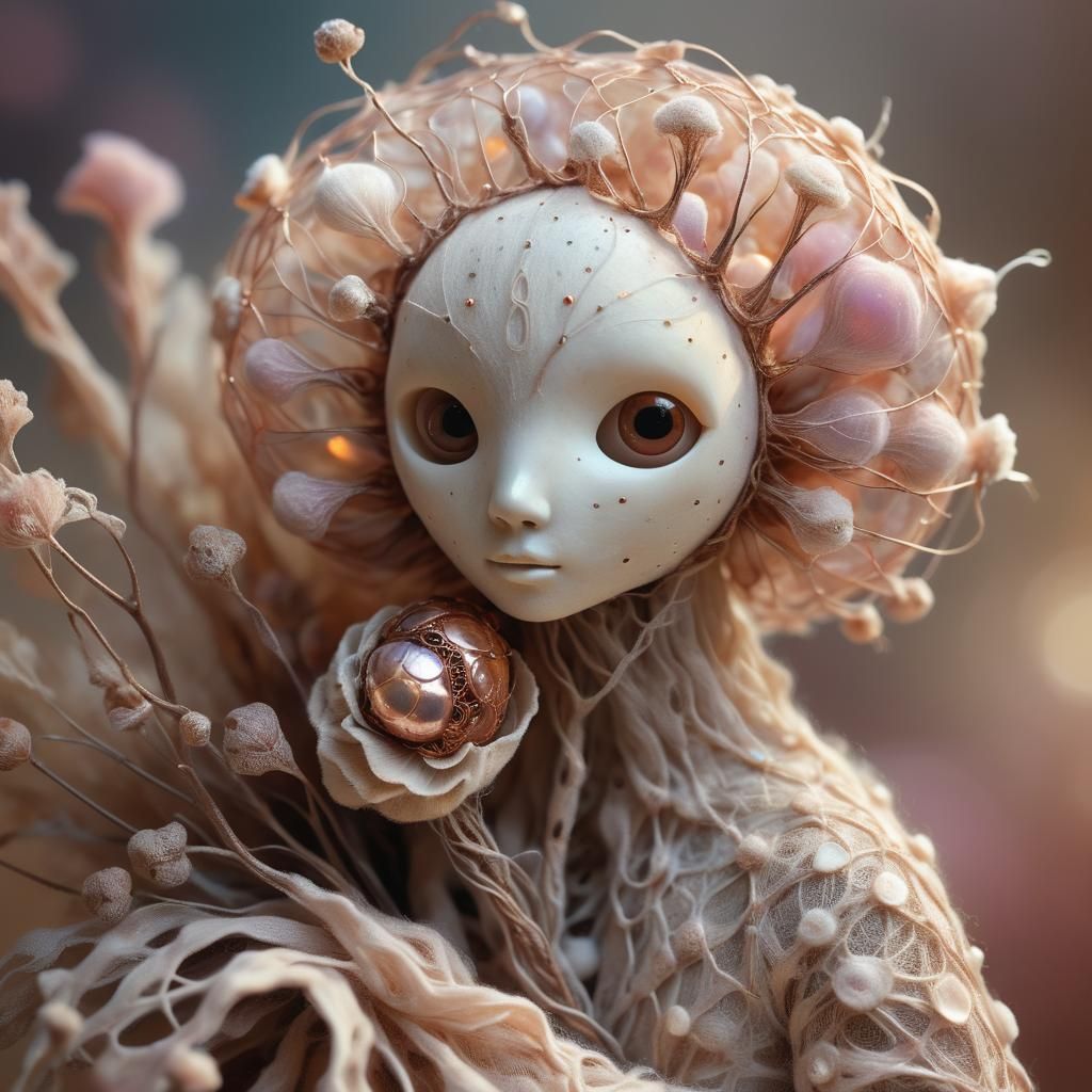Surreal Wool Creature with Flower Doll, Digital Art