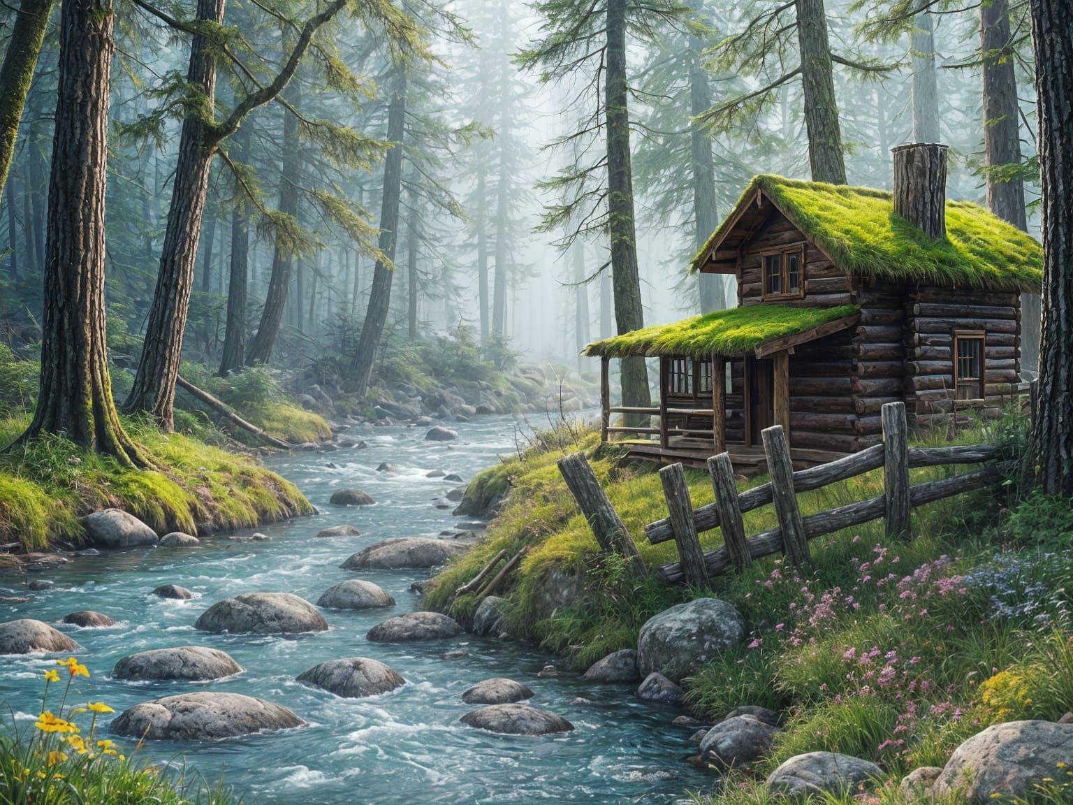 Surreal Riverbank Scene in Storybook Style