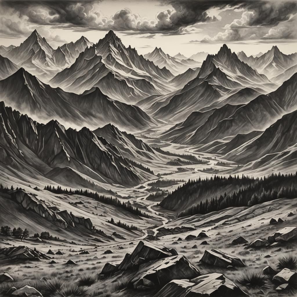 Hyperdetailed Charcoal Drawing of Mountains and Plains