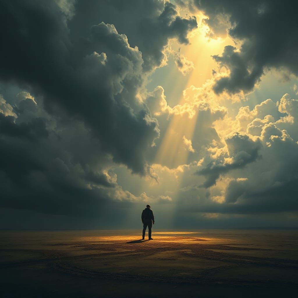 Solitary Figure in Dramatic Golden Light Amidst Stormy Sky
