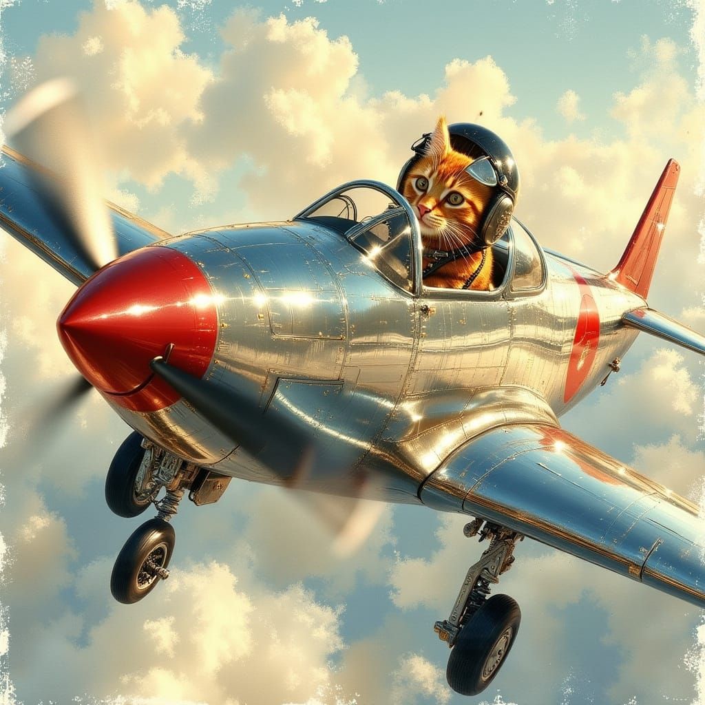 Cat Fighter Pilot in Watercolour Aircraft