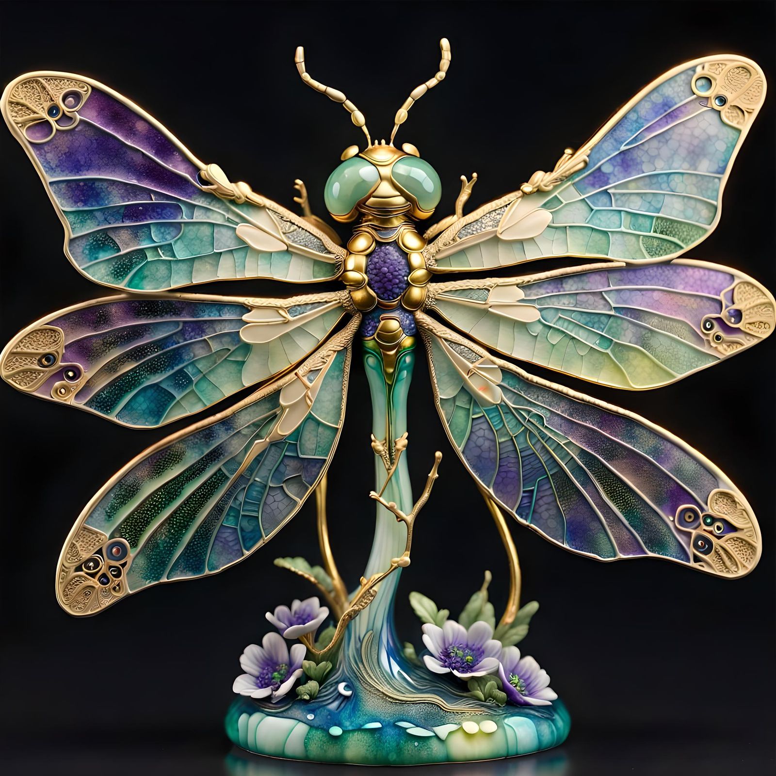 Ethereal Dragonfly Porcelain Figurine with Glowing Flowers