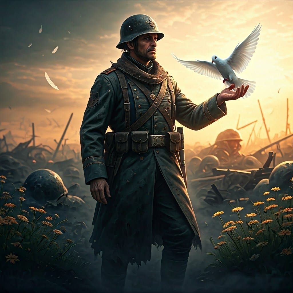 Solemn Dawn: Weary Soldier and the Symbol of Peace