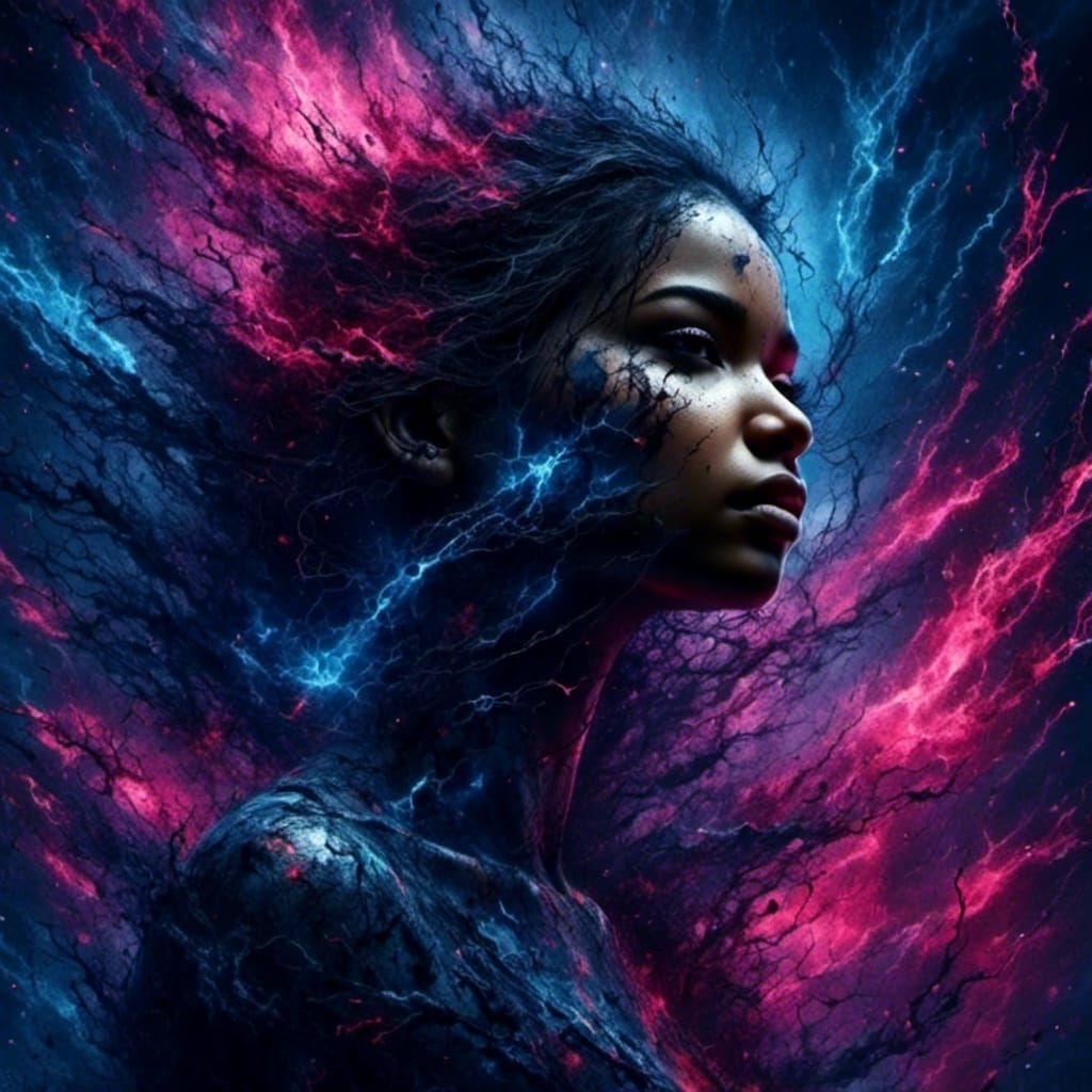 Sorrowful Woman Amidst Swirling Mists and Sparks